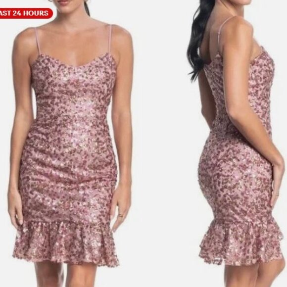 *NWT*DRESS THE POPULATION Kaya Fluttery Hem Sequin Mini Dress Blush Pink, Small - Picture 1 of 7